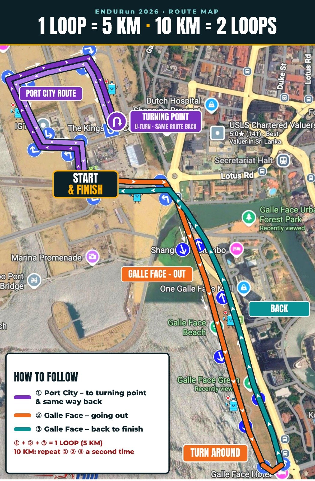 ENDURUN 2026 route map showing the Port City and Galle Face 5 kilometre loop